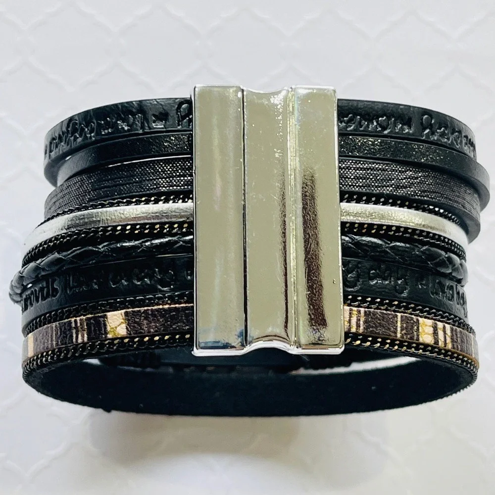 Multilayer Leather Bangle Magnetic Clasp Bracelet for Men or Women 7.5in‎ Black